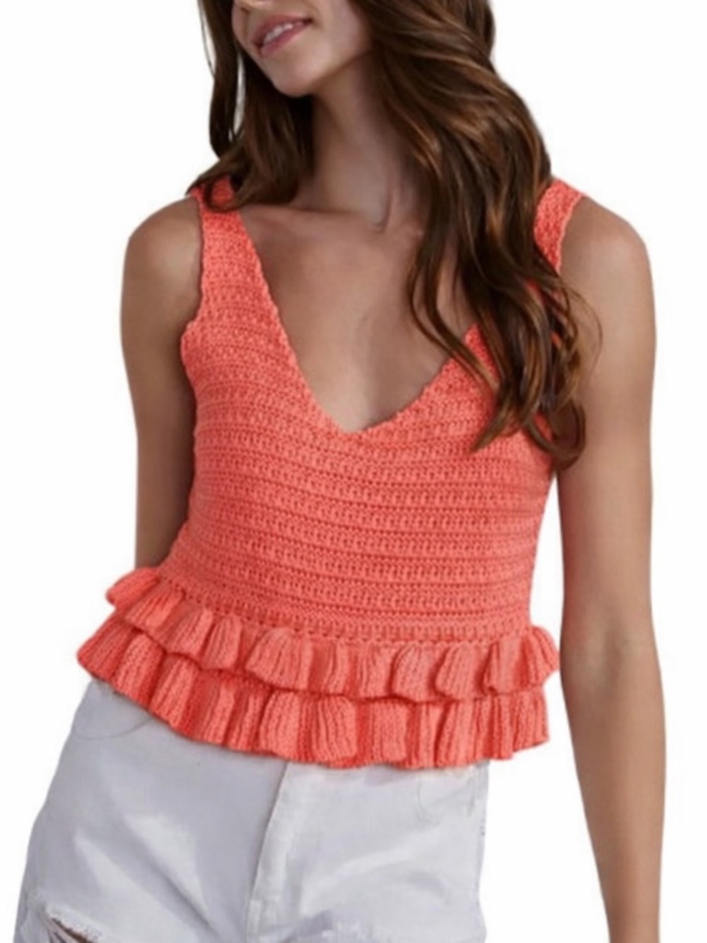 Mustard Seed Coral Knit Ruffle Hem Tank Top Small‎ Boho Peplum Summer